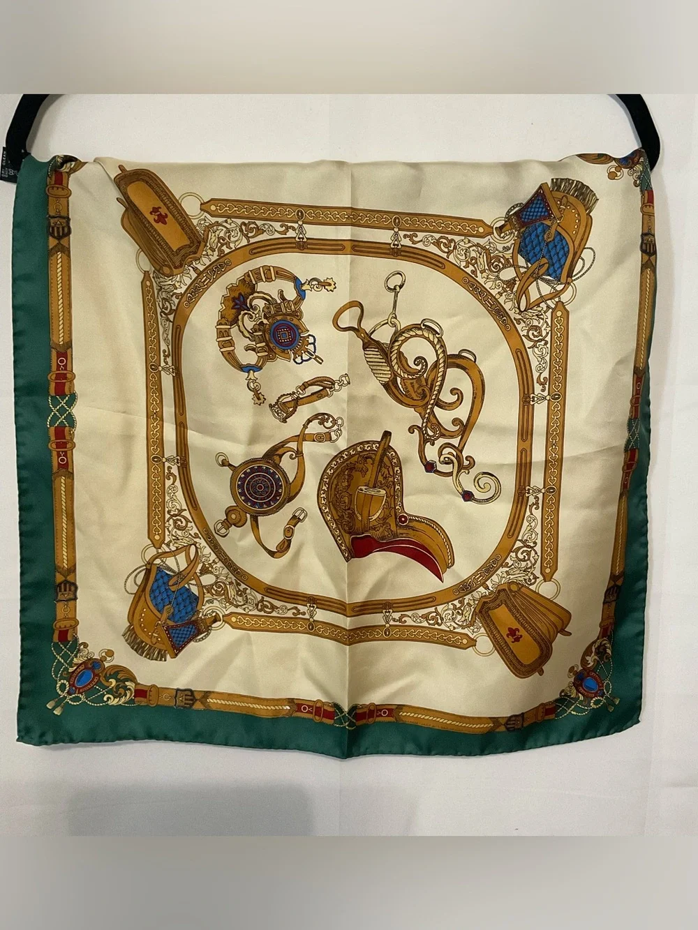 100% silk rolled hem equestrian themed square neck scarf, old money and country